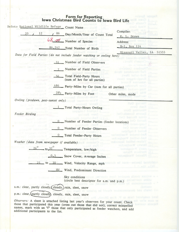 Iowa Christmas bird counts of regular and uncommon species found in DeSoto National Wildlife Refuge contributed by K. L. Drews, December 20, 1986. This item was used as supporting documentation for the Iowa Ornithologists Union Quarterly field report of winter 1986-1987.