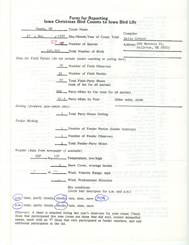 Iowa Christmas bird counts of regular and uncommon species found in Omaha contributed by Elizabeth A. Grenon, December 27, 1986. This item was used as supporting documentation for the Iowa Ornithologists Union Quarterly field report of winter 1986-1987.