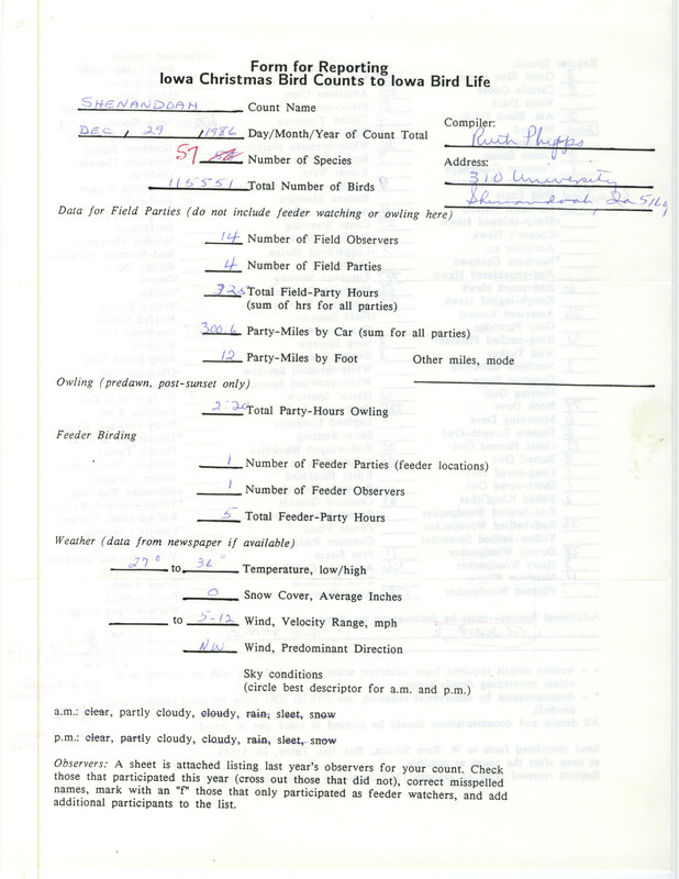 Iowa Christmas bird counts of regular and uncommon species found in Shenandoah contributed by Ruth Phipps, December 29, 1986. This item was used as supporting documentation for the Iowa Ornithologists Union Quarterly field report of winter 1986-1987.