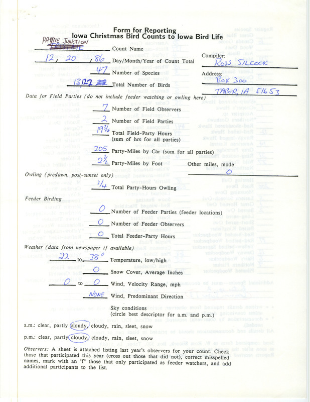 Iowa Christmas bird counts of regular and uncommon species found in Payne Junction contributed by W. Ross Silcock, December 20, 1986. This item was used as supporting documentation for the Iowa Ornithologists Union Quarterly field report of winter 1986-1987.