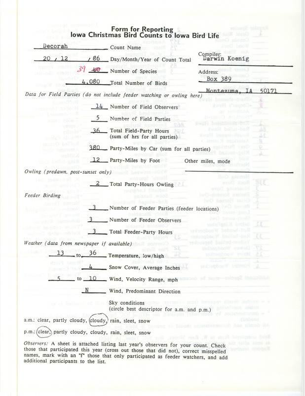 Iowa Christmas bird counts of regular and uncommon species found in Decorah contributed by Darwin Koenig, December 20, 1986. This item was used as supporting documentation for the Iowa Ornithologists Union Quarterly field report of winter 1986-1987.