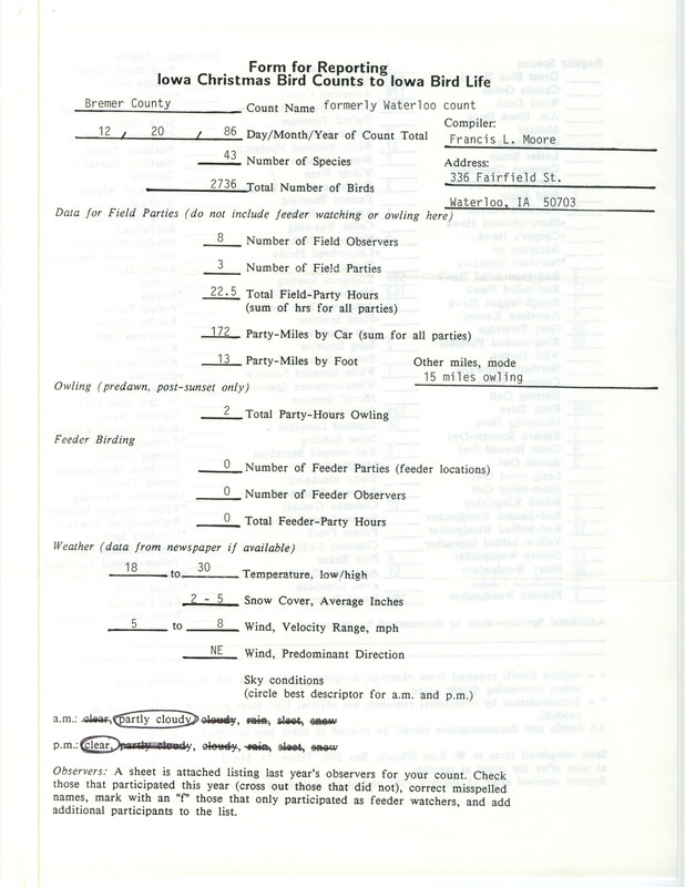 Iowa Christmas bird counts of regular and uncommon species found in Bremer County contributed by Francis L. Moore, December 20, 1986. This item was used as supporting documentation for the Iowa Ornithologists Union Quarterly field report of winter 1986-1987.