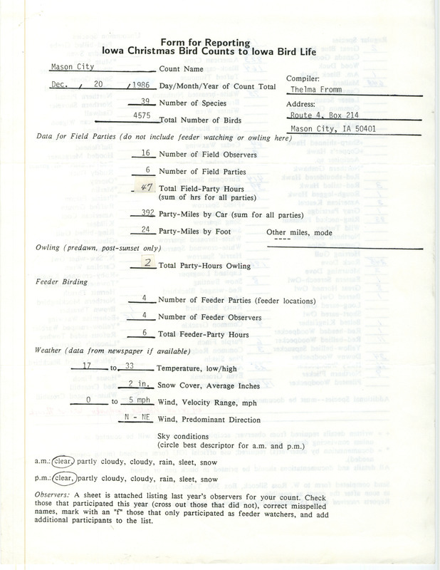 Iowa Christmas bird counts of regular and uncommon species found in Mason City contributed by Thelma Joy Fromm, December 20, 1986. This item was used as supporting documentation for the Iowa Ornithologists Union Quarterly field report of winter 1986-1987.