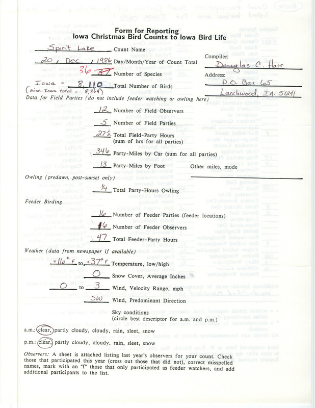 Iowa Christmas bird counts of regular and uncommon species found in Spirit Lake contributed by Douglas C. Harr, December 20, 1986. This item was used as supporting documentation for the Iowa Ornithologists Union Quarterly field report of winter 1986-1987.