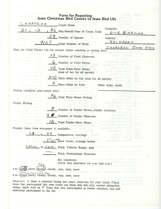 Iowa Christmas bird counts of regular and uncommon species found in Cherokee contributed by Dick Bierman, December 21, 1986. This item was used as supporting documentation for the Iowa Ornithologists Union Quarterly field report of winter 1986-1987.