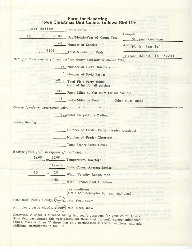 Iowa Christmas bird counts of regular and uncommon species found in Lost Nation contributed by Sharon Kaufman, December 18, 1986. This item was used as supporting documentation for the Iowa Ornithologists Union Quarterly field report of winter 1986-1987.