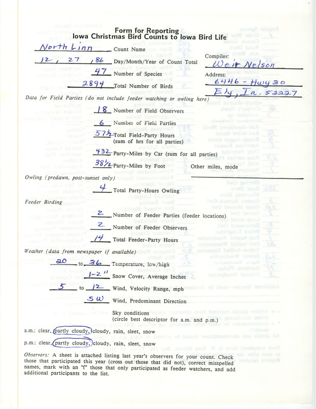 Iowa Christmas bird counts of regular and uncommon species found in north Linn County contributed by Weir Nelson, December 27, 1986. This item was used as supporting documentation for the Iowa Ornithologists Union Quarterly field report of winter 1986-1987.