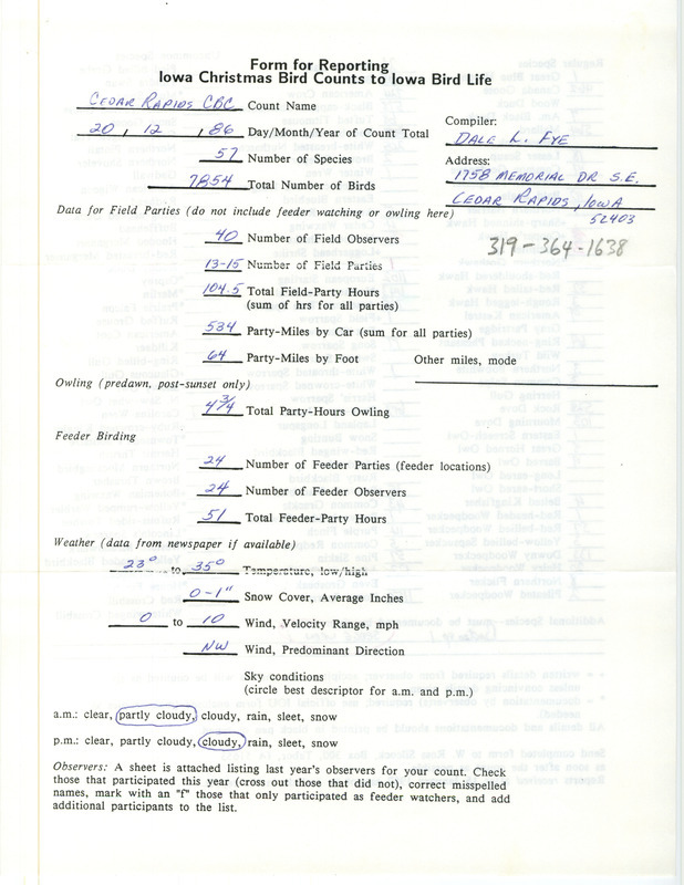 Iowa Christmas bird counts of regular and uncommon species found in Cedar Rapids contributed by Dale Fye, December 20, 1986. This item was used as supporting documentation for the Iowa Ornithologists Union Quarterly field report of winter 1986-1987.