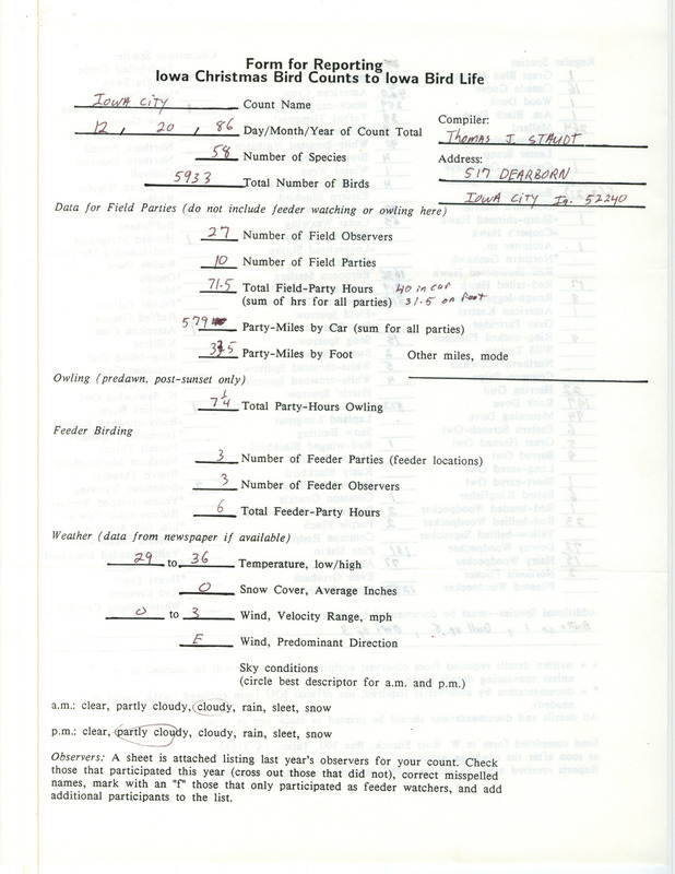 Iowa Christmas bird counts of regular and uncommon species found in Iowa City contributed by Thomas J. Staudt, December 20, 1986. This item was used as supporting documentation for the Iowa Ornithologists Union Quarterly field report of winter 1986-1987.