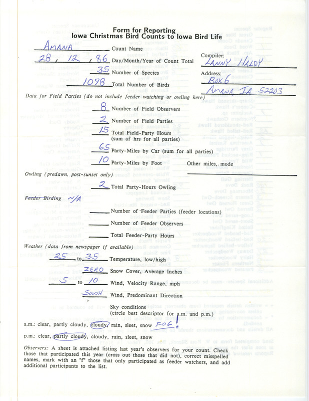 Iowa Christmas bird counts of regular and uncommon species found in Amana contributed by Lanny Haldy, December 28, 1986. This item was used as supporting documentation for the Iowa Ornithologists Union Quarterly field report of winter 1986-1987.