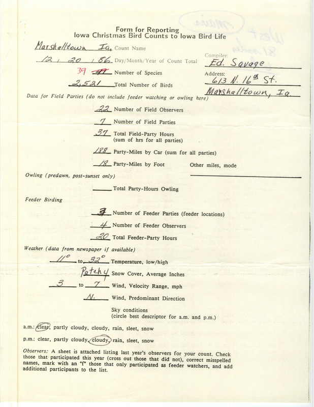 Iowa Christmas bird counts of regular and uncommon species found in Marshalltown contributed by Ed Savage, December 20, 1986. This item was used as supporting documentation for the Iowa Ornithologists Union Quarterly field report of winter 1986-1987.