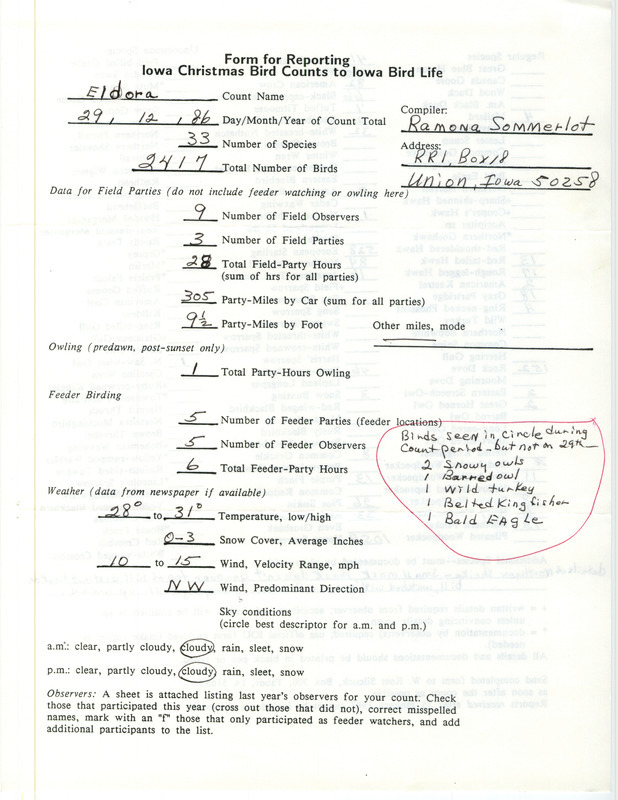 Iowa Christmas bird counts of regular and uncommon species found in Eldora contributed by Ramona R. Sommerlot, December 29, 1986. This item was used as supporting documentation for the Iowa Ornithologists Union Quarterly field report of winter 1986-1987.