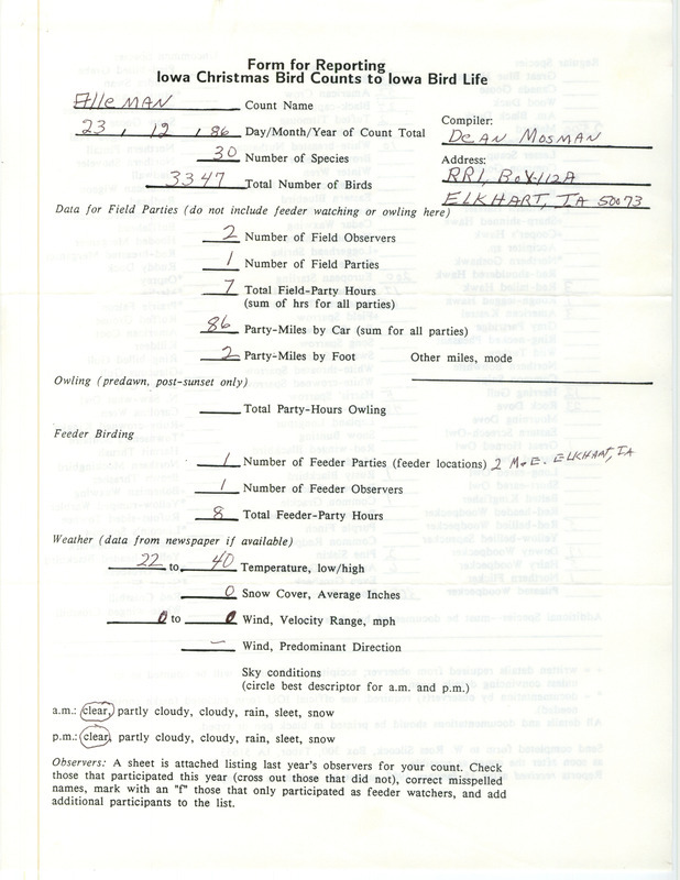 Iowa Christmas bird counts of regular and uncommon species found in Alleman contributed by Dean Mosman, December 23, 1986. This item was used as supporting documentation for the Iowa Ornithologists Union Quarterly field report of winter 1986-1987.