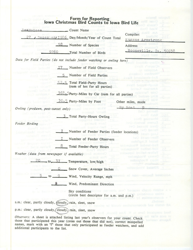 Iowa Christmas bird counts of regular and uncommon species found in Des Moines contributed by Eugene Armstrong, December 27, 1986. This item was used as supporting documentation for the Iowa Ornithologists Union Quarterly field report of winter 1986-1987.