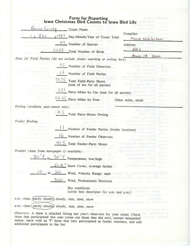 Iowa Christmas bird counts of regular and uncommon species found in Boone County contributed by Mark Widrlechner, January 1, 1987. This item was used as supporting documentation for the Iowa Ornithologists Union Quarterly field report of winter 1986-1987.