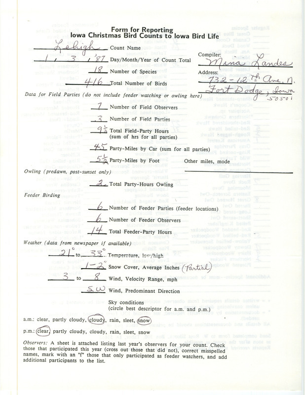 Iowa Christmas bird counts of regular and uncommon species found in Lehigh contributed by Mina Landes, January 3, 1987. This item was used as supporting documentation for the Iowa Ornithologists Union Quarterly field report of winter 1986-1987.