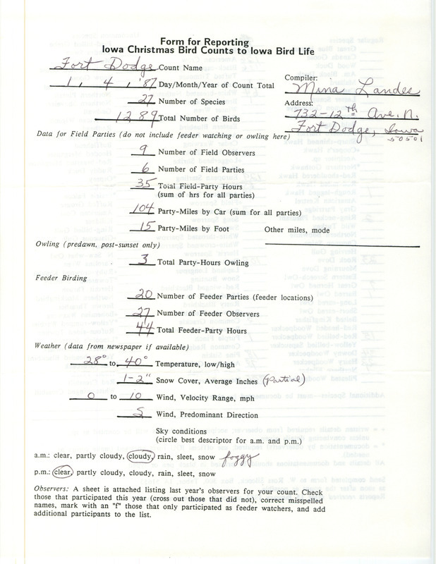 Iowa Christmas bird counts of regular and uncommon species found in Fort Dodge contributed by Mina Landes, January 4, 1987. This item was used as supporting documentation for the Iowa Ornithologists Union Quarterly field report of winter 1986-1987.