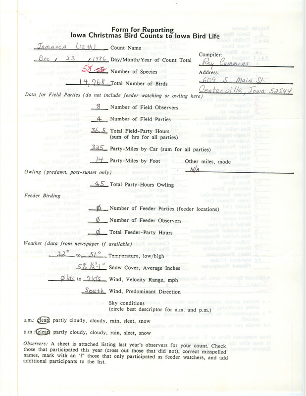 Iowa Christmas bird counts of regular and uncommon species found in Jamaica contributed by Raymond L. Cummins, December 23, 1986. This item was used as supporting documentation for the Iowa Ornithologists Union Quarterly field report of winter 1986-1987.