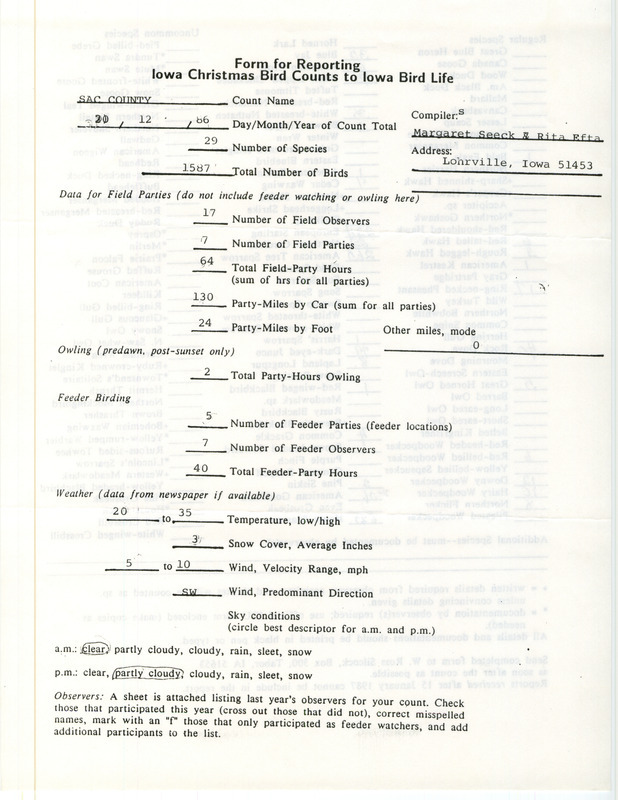 Iowa Christmas bird counts of regular and uncommon species found in Sac County contributed by Margaret Seeck and Rita E. Efta, December 20, 1986. This item was used as supporting documentation for the Iowa Ornithologists Union Quarterly field report of winter 1986-1987.