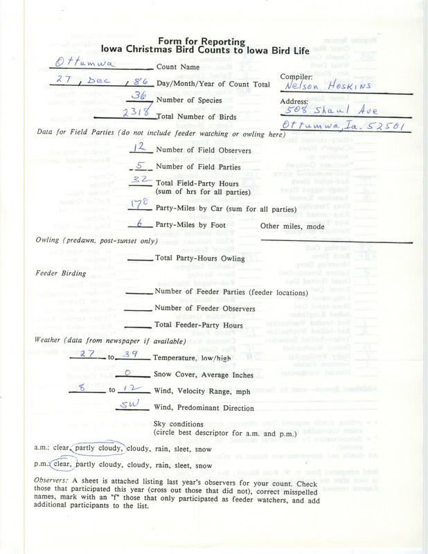 Iowa Christmas bird counts of regular and uncommon species found in Ottumwa contributed by Nelson R. Hoskins, December 27, 1986. This item was used as supporting documentation for the Iowa Ornithologists Union Quarterly field report of winter 1986-1987.