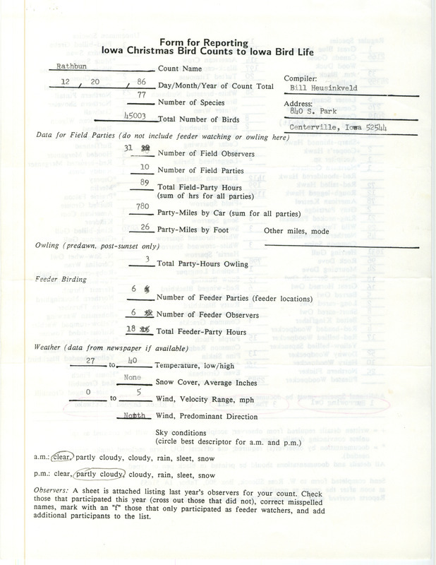 Iowa Christmas bird counts of regular and uncommon species found at Lake Rathbun contributed by Bill Heusinkveld, December 20, 1986. This item was used as supporting documentation for the Iowa Ornithologists Union Quarterly field report of winter 1986-1987.