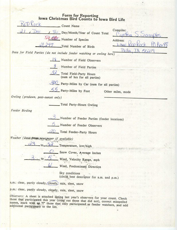 Iowa Christmas bird counts of regular and uncommon species found at Lake Red Rock contributed by Cynthia Samples, December 21, 1986. This item was used as supporting documentation for the Iowa Ornithologists Union Quarterly field report of winter 1986-1987.