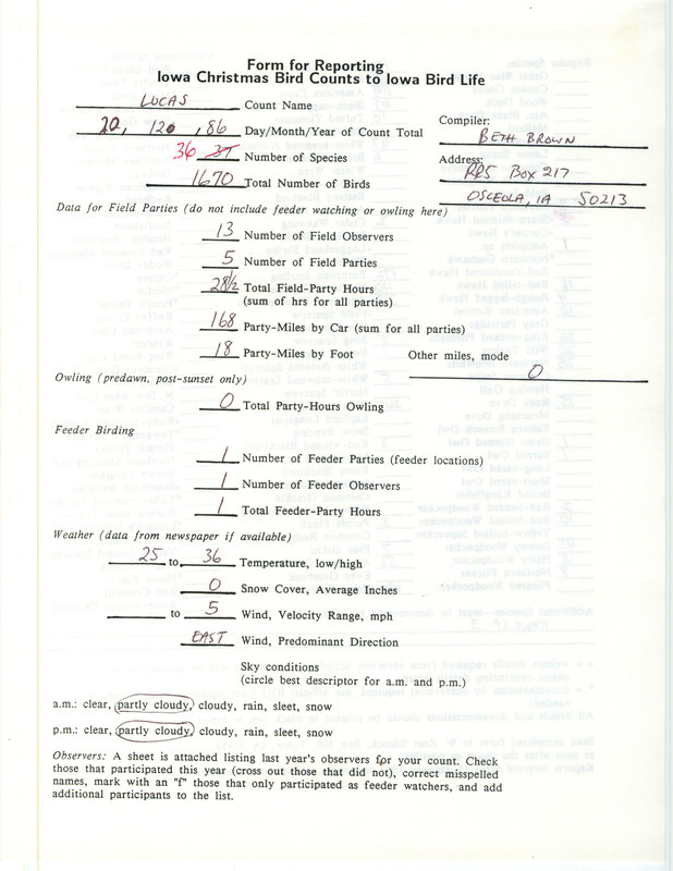 Iowa Christmas bird counts of regular and uncommon species found in Lucas contributed by Beth Brown, December 20, 1986. This item was used as supporting documentation for the Iowa Ornithologists Union Quarterly field report of winter 1986-1987.