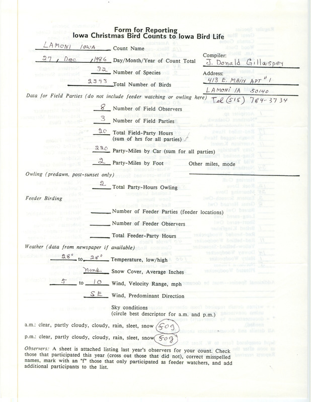 Iowa Christmas bird counts of regular and uncommon species found in Lamoni contributed by J. Donald Gillaspey, December 27, 1986. This item was used as supporting documentation for the Iowa Ornithologists Union Quarterly field report of winter 1986-1987.