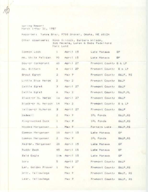 List of birds and locations contributed by Tanya Bray with observers W. Ross Silcock, Barbara L. Wilson, Robert K. Myers and others. This item was used as supporting documentation for the Iowa Ornithologists Union Quarterly field report of spring 1987.