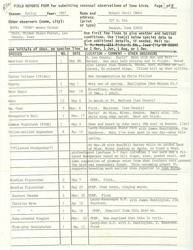 List of birds and locations contributed by Robert I. Cecil with observers William S. Barker, Ann M. Barker, James Huntington, James P. Sandrock and others. This item was used as supporting documentation for the Iowa Ornithologists Union Quarterly field report of spring 1987.