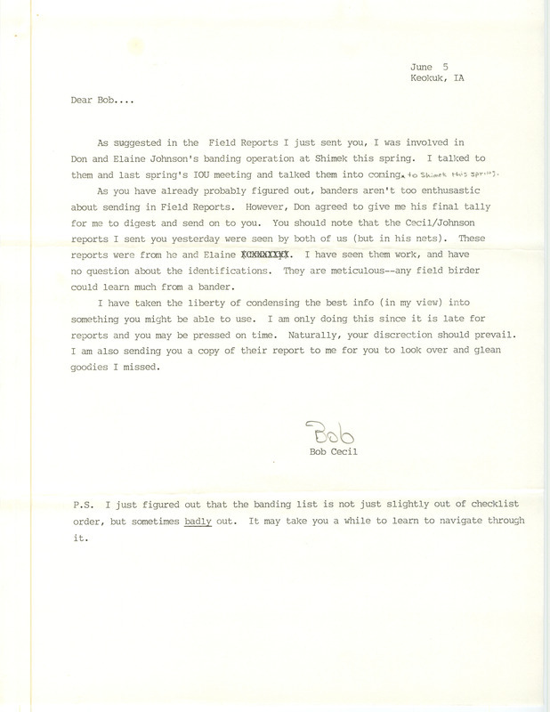 Field notes contributed by Robert I. Cecil in a letter to Robert K. Myers regarding bird banding by Don Johnson and Elaine Johnson. It includes a bird banding report in the form of a table. This item was used as supporting documentation for the Iowa Ornithologists Union Quarterly field report of spring 1987.