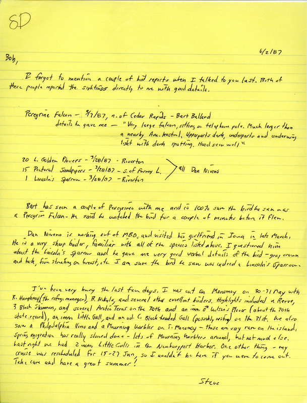 Field notes contributed by Stephen J. Dinsmore in a letter to Robert K. Myers, June 2, 1987. It includes reports from Bart M. Ballard and Dan Nivens with detailed observations. This item was used as supporting documentation for the Iowa Ornithologists Union Quarterly field report of spring 1987.