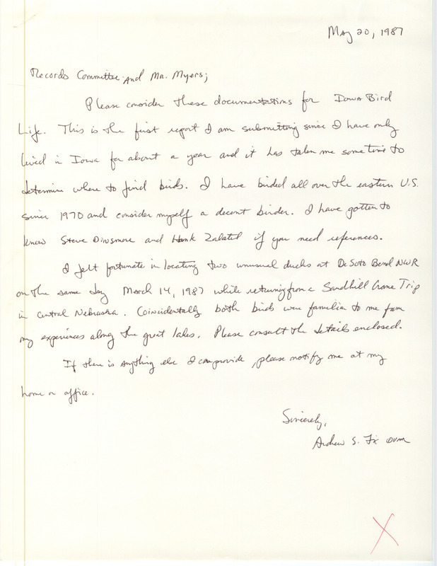 Field notes contributed by Andrew S. Fix in a letter to Robert K. Myers, May 20, 1987. This item was used as supporting documentation for the Iowa Ornithologists Union Quarterly field report of spring 1987.