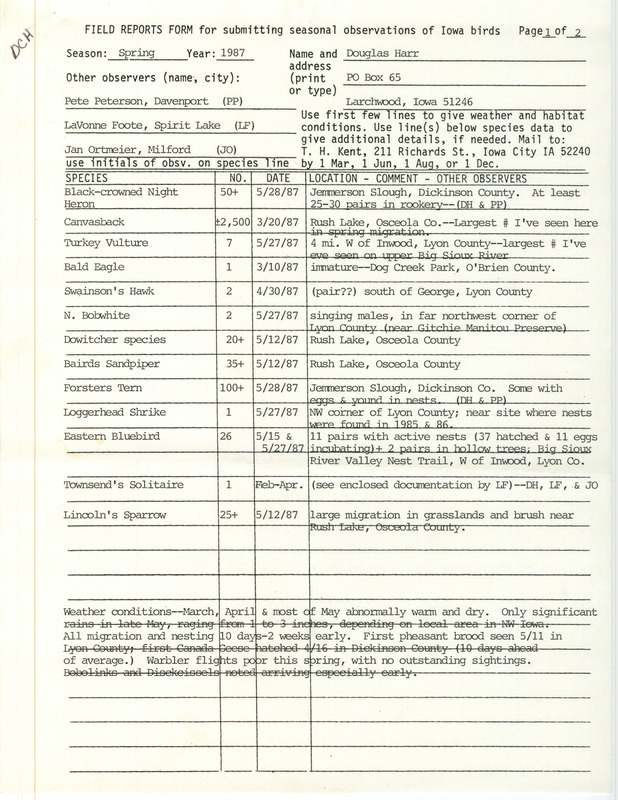 List of birds and locations contributed by Douglas C. Harr with observers Peter C. Petersen, LaVonne Foote, Jan Ortmeier and others. This item was used as supporting documentation for the Iowa Ornithologists Union Quarterly field report of spring 1987.