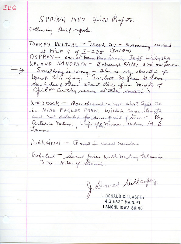 List of birds and locations contributed by J. Donald Gillaspey. This item was used as supporting documentation for the Iowa Ornithologists Union Quarterly field report of spring 1987.