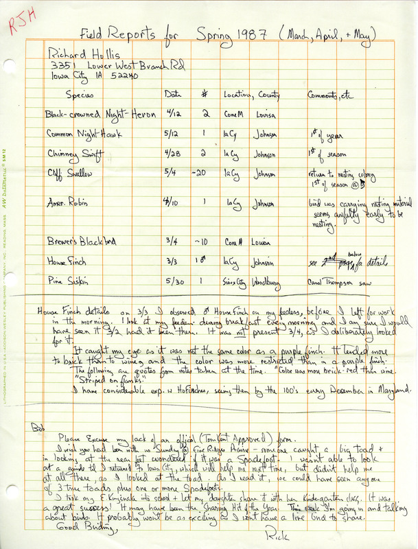 List of birds and locations contributed by Richard Jule Hollis. This item was used as supporting documentation for the Iowa Ornithologists Union Quarterly field report of spring 1987.