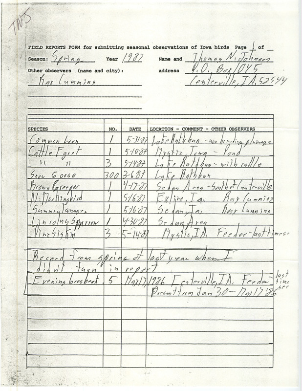 List of birds and locations contributed by Tom Johnson with observer Raymond L. Cummins. This item was used as supporting documentation for the Iowa Ornithologists Union Quarterly field report of spring 1987.