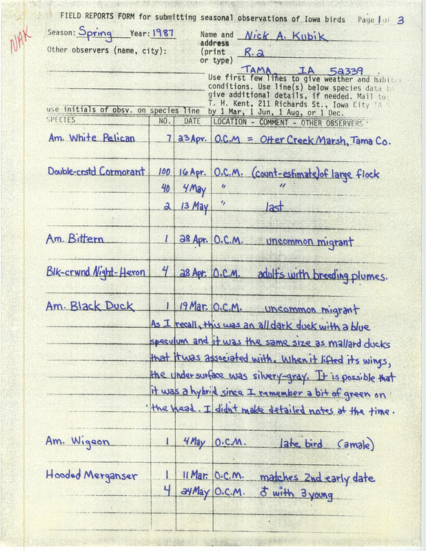 List of birds and locations contributed by Nicholas A. Kubik. This item was used as supporting documentation for the Iowa Ornithologists Union Quarterly field report of spring 1987.