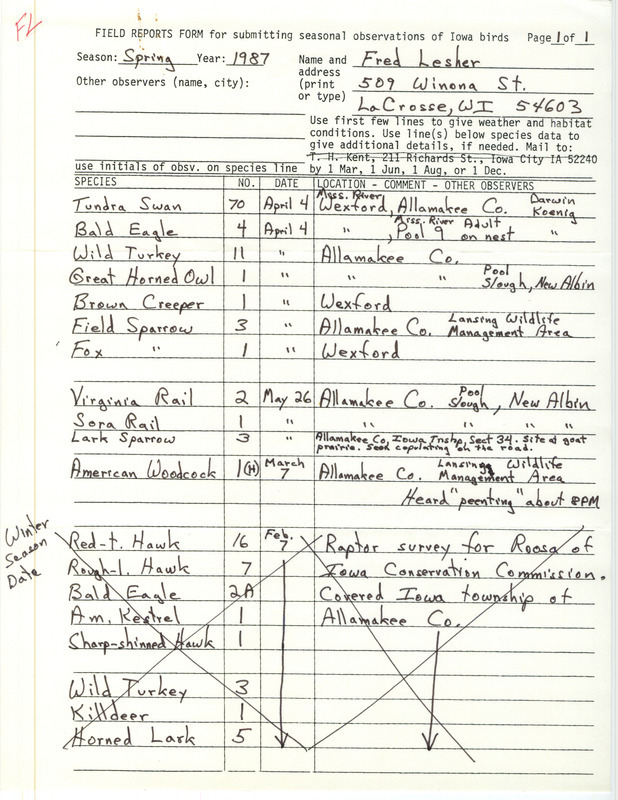 List of birds and location contributed by Fred Lesher. This item was used as supporting documentation for the Iowa Ornithologists Union Quarterly field report of spring 1987.