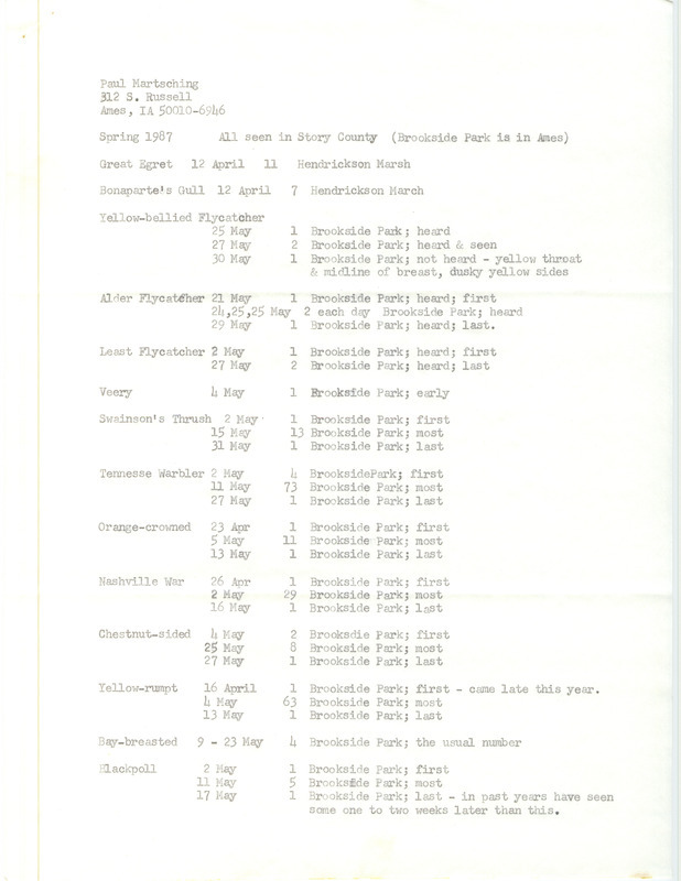 List of birds and locations contributed by Paul Martsching. This item was used as supporting documentation for the Iowa Ornithologists Union Quarterly field report of spring 1987.