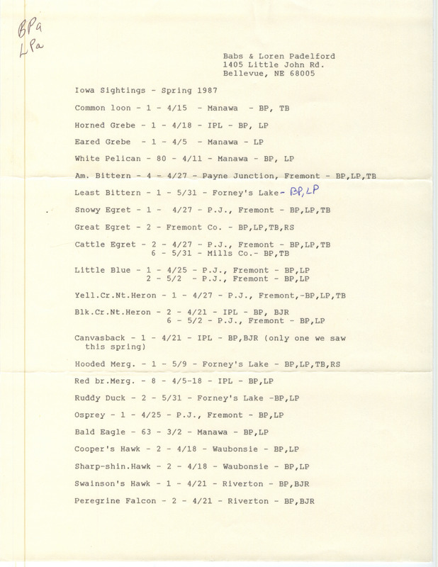 List of birds and locations contributed by Babs Padelford and Loren Padelford with observers Tanya Bray, W. Ross Silcock and B. J. Rose. This item was used as supporting documentation for the Iowa Ornithologists Union Quarterly field report of spring 1987.