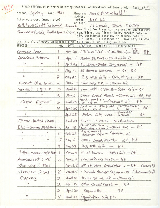 List of birds and locations contributed by Mark Proescholdt with observers Beth Proescholdt, Romana R. Sommerlot, Phyllis Harris and others. This item was used as supporting documentation for the Iowa Ornithologists Union Quarterly field report of spring 1987.