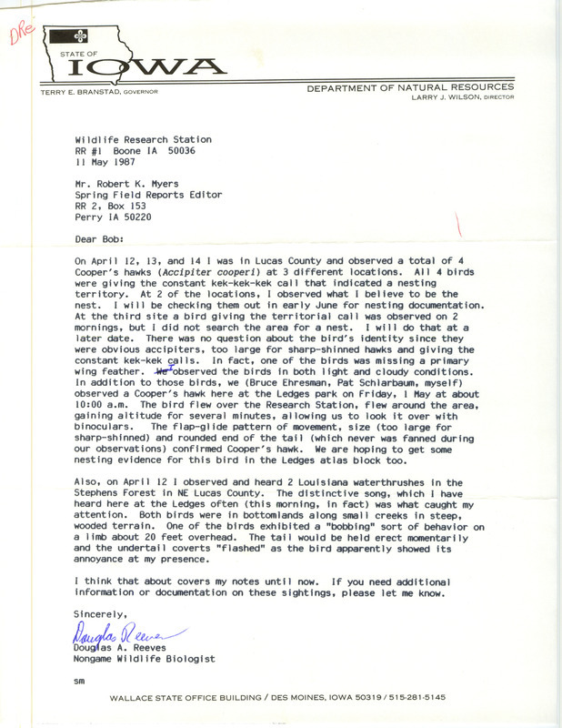 Field notes contributed by Doug Reeves in a letter to Robert K. Myers regarding the sighting of several Cooper's Hawks. The letter includes a special sighting report with detailed description of the Cooper's Hawks. This item was used as supporting documentation for the Iowa Ornithologists Union Quarterly field report of spring 1987.