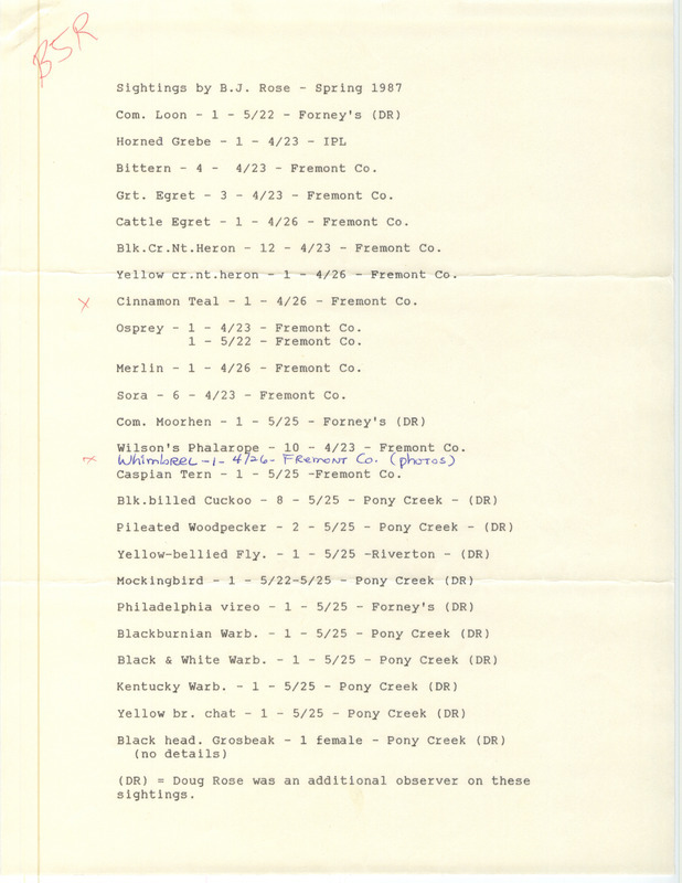 List of birds and locations contributed by B.J. Rose with observer Douglas Rose. This item was used as supporting documentation for the Iowa Ornithologists Union Quarterly field report of spring 1987.