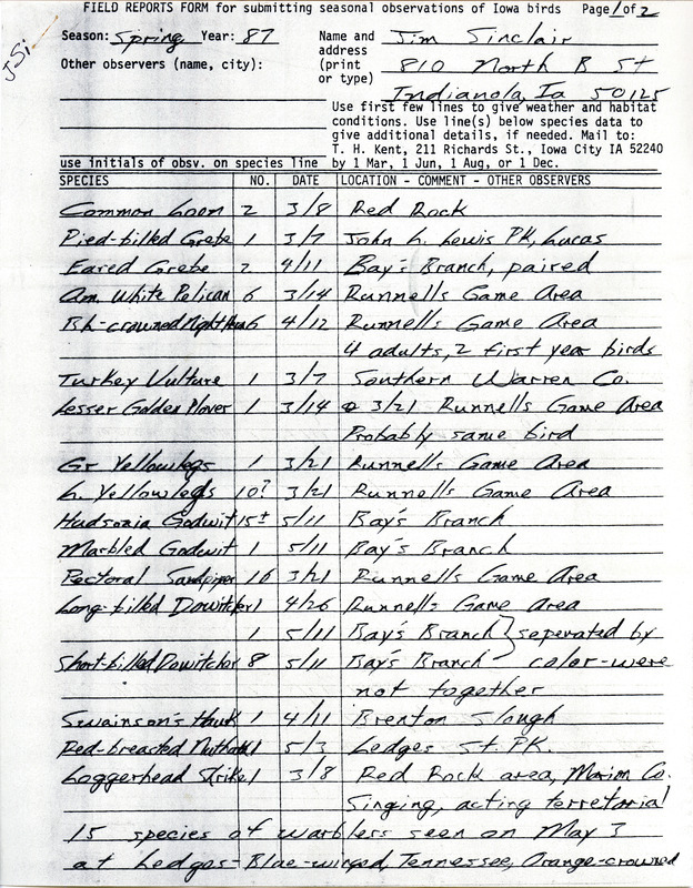 List of birds and locations contributed by Jim Sinclair. This item was used as supporting documentation for the Iowa Ornithologists Union Quarterly field report of spring 1987.