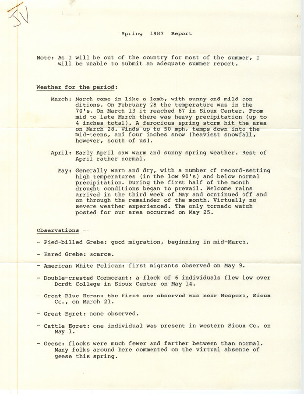 List of birds and locations contributed by John Van Dyk. This item was used as supporting documentation for the Iowa Ornithologists Union Quarterly field report of spring 1987.