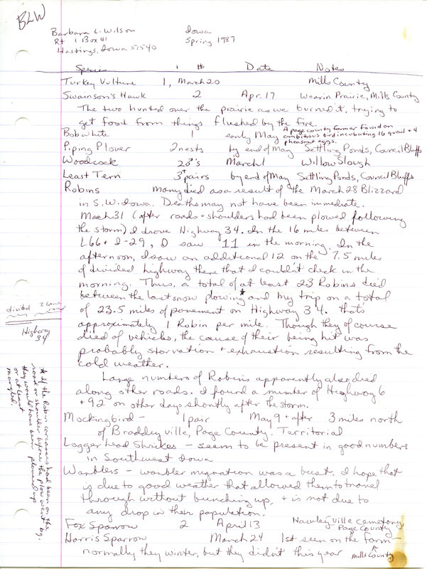 List of birds and locations contributed by Barbara L. Wilson. This item was used as supporting documentation for the Iowa Ornithologists Union Quarterly field report of spring 1987.