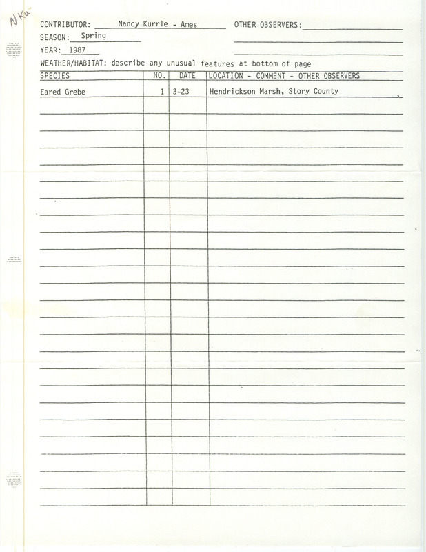 Field notes contributed by Nancy Kurrle include a single bird sighting of an Eared Grebe at Hendrickson March Lake. This item was used as supporting documentation for the Iowa Ornithologists Union Quarterly field report of spring 1987.