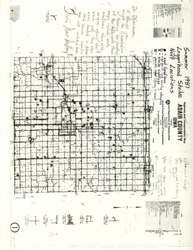 Two maps, one of Adair County and one of Ringgold County, indicating the locations of Loggerhead Shrike nests and sightings contributed by David DeGeus. A brief note from DeGeus to James J. Dinsmore regarding other nest locations is also included. This item was used as supporting documentation for the Iowa Ornithologists' Union Quarterly field report of summer 1987.