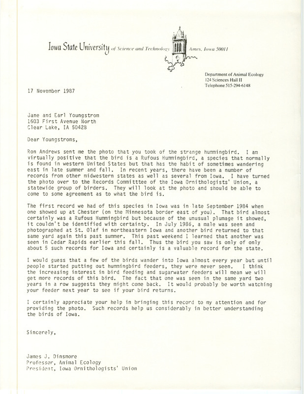 Letter from James J. Dinsmore to Jane Youngstrom and Earl Youngstrom regarding a rare sighting of a Rufous Hummingbird, November 17, 1987. Dinsmore believes the photographed bird is a Rufous Hummingbird but will forward the photo to the Iowa Ornithologists' Union for positive identification. This item was used as supporting documentation for the Iowa Ornithologists' Union Quarterly field report of fall 1987, but was filed with documentation for the report of summer 1987.